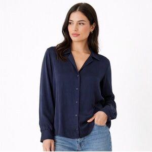 QUINCE Washable Stretch Silk Notch Collar Blouse Navy Minimalist Size S